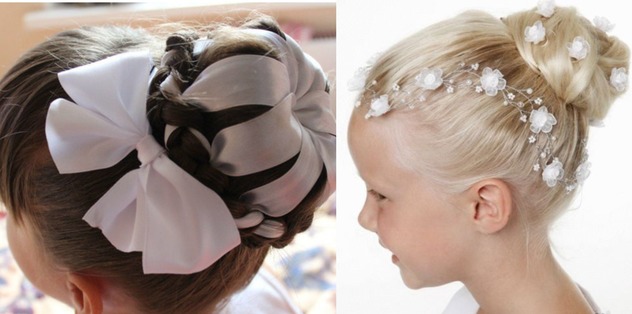 Красивые прически для девочек: пучок с лентами и с украшениями на волосах