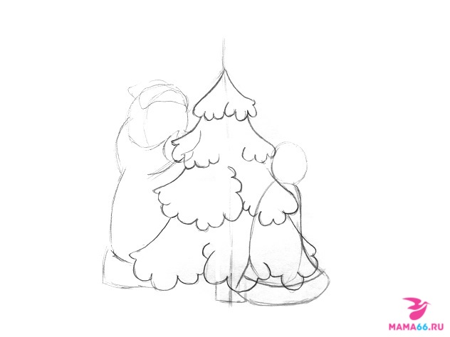 Как нарисовать карандашом елку со Снегурочкой и Дедом Морозом-4