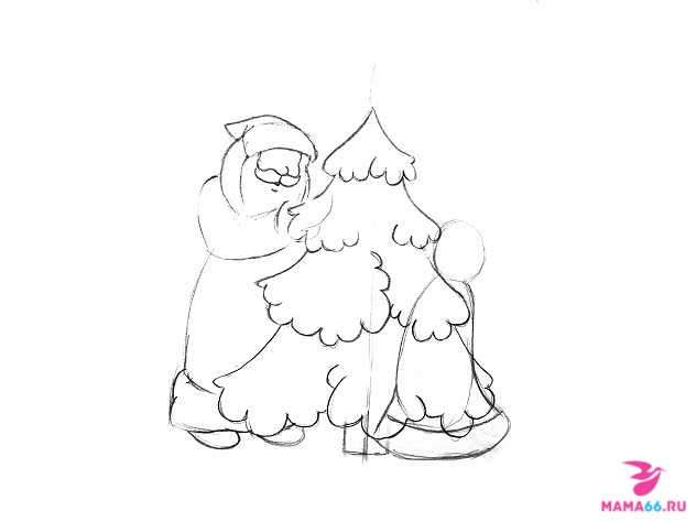 Как нарисовать карандашом елку со Снегурочкой и Дедом Морозом-5