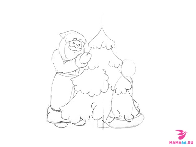 Как нарисовать карандашом елку со Снегурочкой и Дедом Морозом-6
