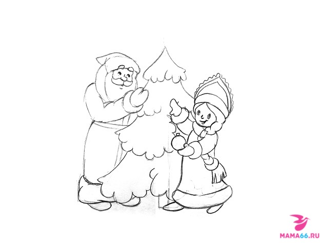Как нарисовать карандашом елку со Снегурочкой и Дедом Морозом-8