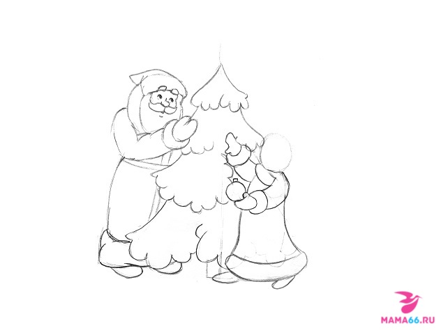 Как нарисовать карандашом елку со Снегурочкой и Дедом Морозом-7