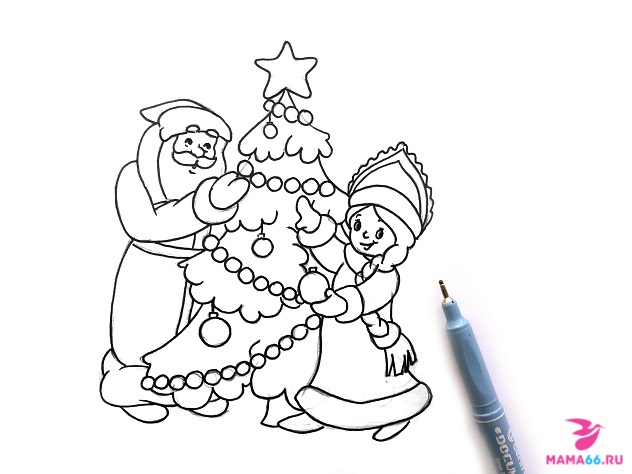 Как нарисовать карандашом елку со Снегурочкой и Дедом Морозом-10