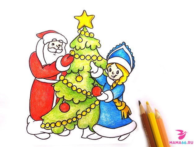 Как нарисовать карандашом елку со Снегурочкой и Дедом Морозом-14