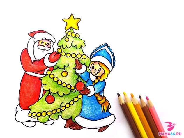 Как нарисовать карандашом елку со Снегурочкой и Дедом Морозом-15