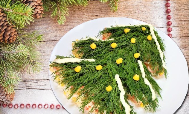 Украшение салатов на Новый год в виде елки