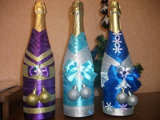 Декор шампанского на Новый год своими руками лентами